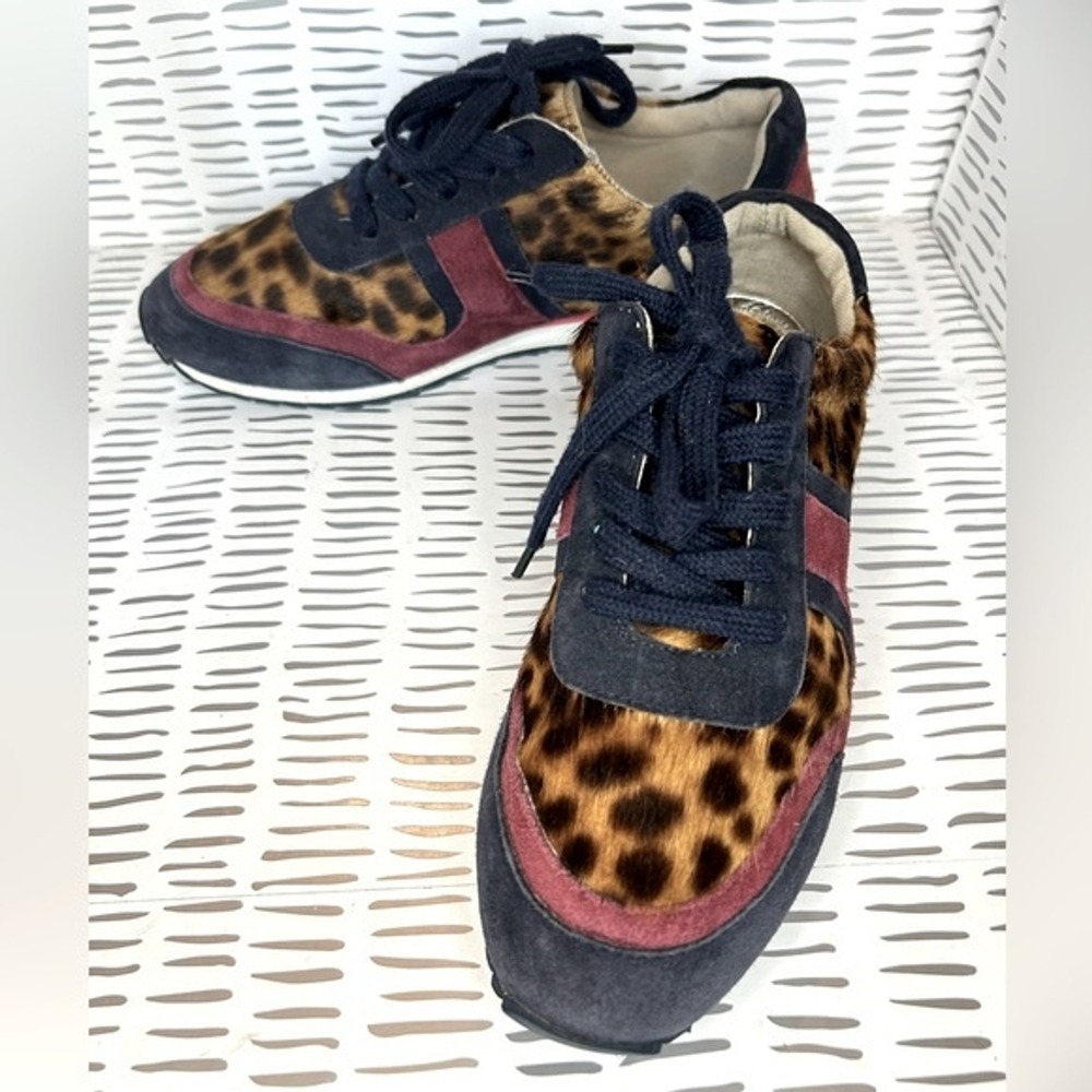 Boden Womens Leopard Calf Hair Suede Sneakers Brown Navy Burgundy Lace Up 37/6